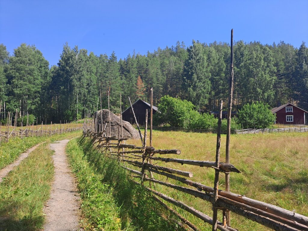 Peltomaisema, jossa keskellä puista tehty riukuaita. Aidan vieressä on heinäinen tie. Pellon laidassa taustalla näkyy kaksi rarennusta metsän reunassa.