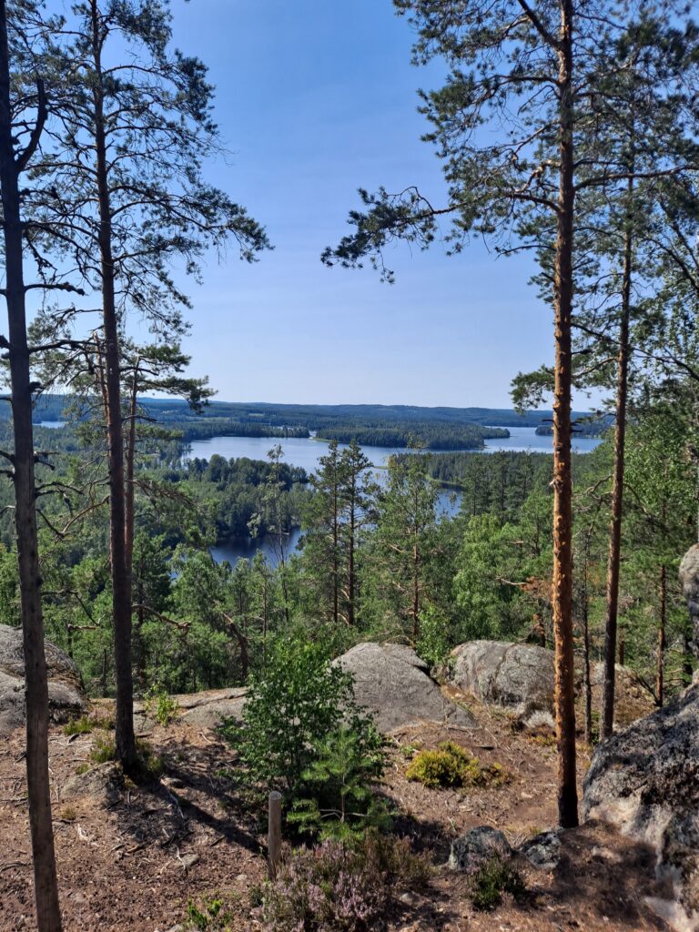 Kuva kallioisen mäen päältä. Taustalla näkyy metsää ja sinistä vettä sekä sininen pilvetön taivas.